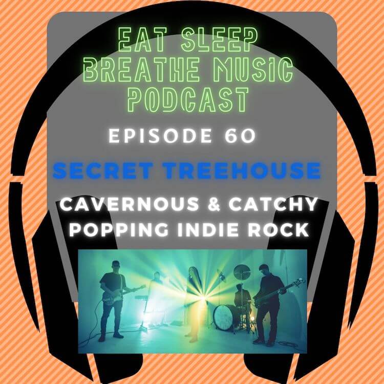Photo of black headphones with the words “Episode 60: Secret Treehouse: Cavernous & Catchy Popping Indie Rock” | Eat Sleep Breathe Music